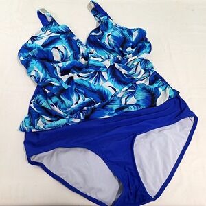 Your Best Look One Piece Swimsuit Women 20W Blue Tropical Blouson Tummy Control